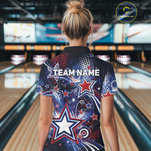 Load image into Gallery viewer, Back view of a female model in a bowling alley wearing a custom bowling polo shirt featuring red, white, and blue patriotic stars, halftone dots, and a grunge texture design.