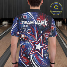 Load image into Gallery viewer, Back view of a male model in a bowling alley wearing a custom bowling polo shirt featuring red, white, and blue patriotic stars, halftone dots, and a grunge texture design.