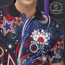 Load image into Gallery viewer, Close up front view of the left chest area on a custom bowling polo shirt featuring red, white, and blue patriotic stars, halftone dots, and a grunge texture design.