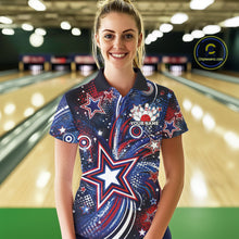 Load image into Gallery viewer, Front view of a female model in a bowling alley wearing a custom bowling polo shirt featuring red, white, and blue patriotic stars, halftone dots, and a grunge texture design.