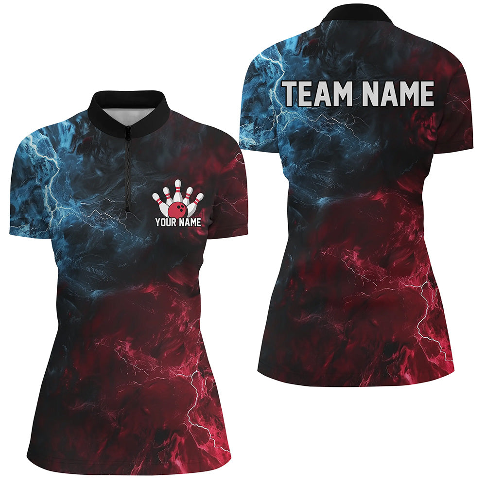 Blue And Red Thunder Lightning Custom Bowling Uniforms, Patriotic Bowling Shirts For Women IPHW7315