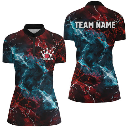Blue And Red Thunder Lightning Custom Bowling Uniforms, Patriotic Bowling Shirts For Women IPHW7316