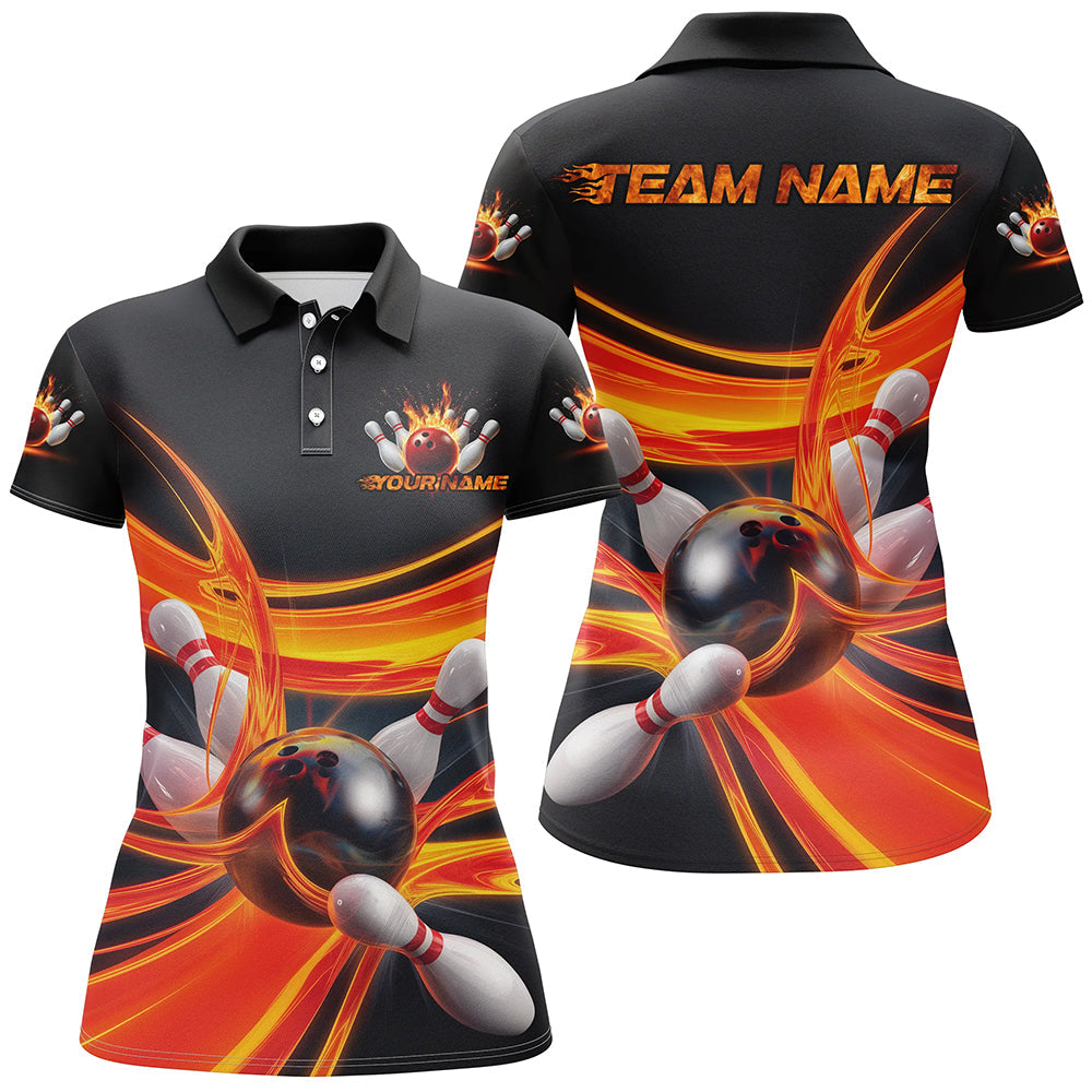 Customized Flame Bowling Polo Shirts For Women, Flaming Bowling Team Shirt IPHW8045
