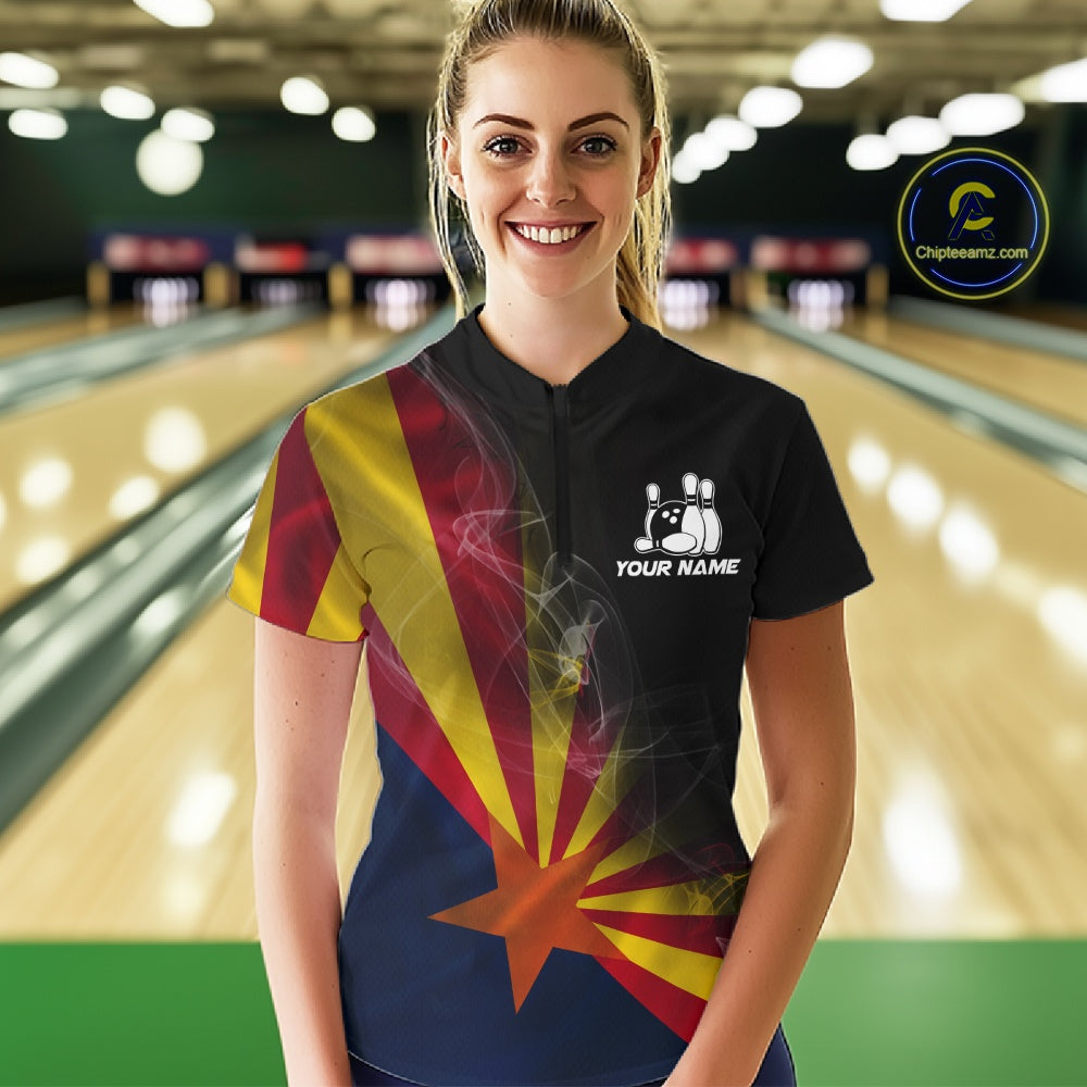 Custom Smoke Arizona Flag Bowling Women Team Shirts, Patriotic Arizona Bowling Jerseys IPHW10627
