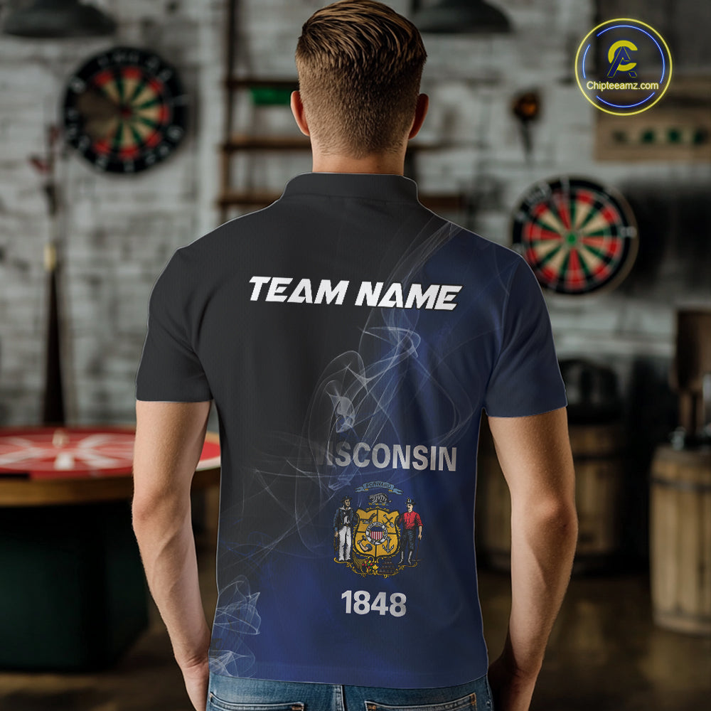 Custom Smoke Flame Wisconsin Flag Patriotic Darts Shirt For Men, Dart League Team Jerseys IPHW10633