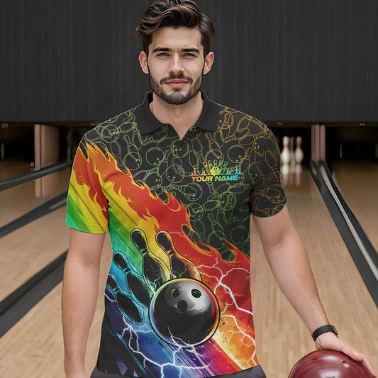 Custom Rainbow Flame Bowling Team Polo Shirts For Men, Colorful Bowling League Shirt IPHW8785