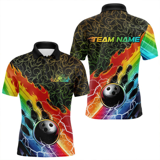 Custom Rainbow Flame Bowling Team Polo Shirts For Men, Colorful Bowling League Shirt IPHW8785