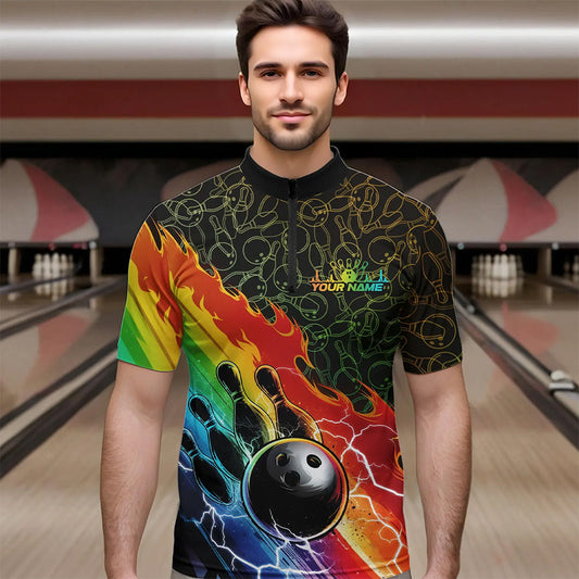 Custom Rainbow Flame Bowling Team Quarter-Zip Shirts For Men, Colorful Bowling League Shirt IPHW8785