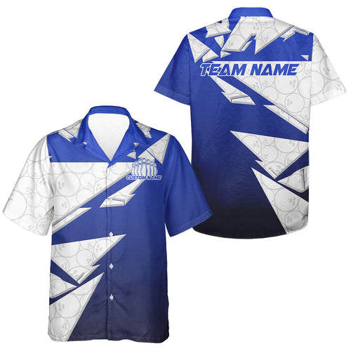 Custom Blue Bowling Team Hawaiian Shirts For Men, Bowling Ball Pattern Bowlers Outfits IPHW6271