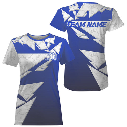 Custom Blue Bowling Team T-Shirts For Women, Bowling Ball Pattern Bowlers Outfits IPHW6271