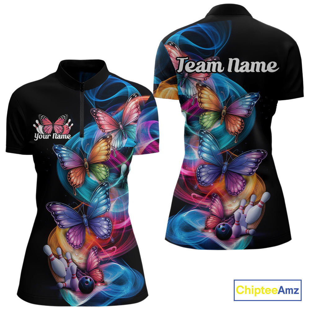 Custom Colorful Butterfly Bowling Women Quarter-Zip Shirts With Team Name, Bowlers Outfit IPHW9011