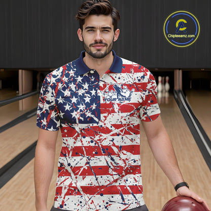 Custom Splatter Patriotic US Flag Bowling Polo Shirts For Men, American Bowling Jersey IPHW9257