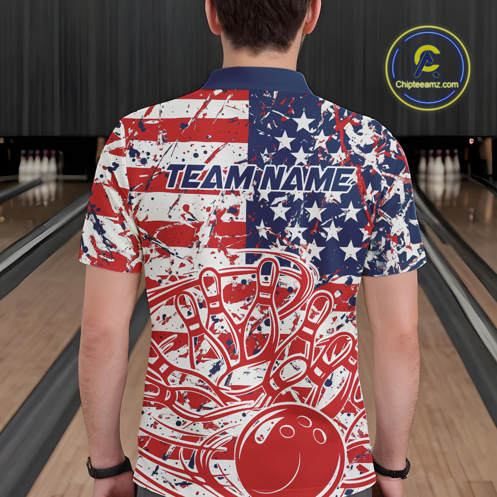 Custom Splatter Patriotic US Flag Bowling Polo Shirts For Men, American Bowling Jersey IPHW9257