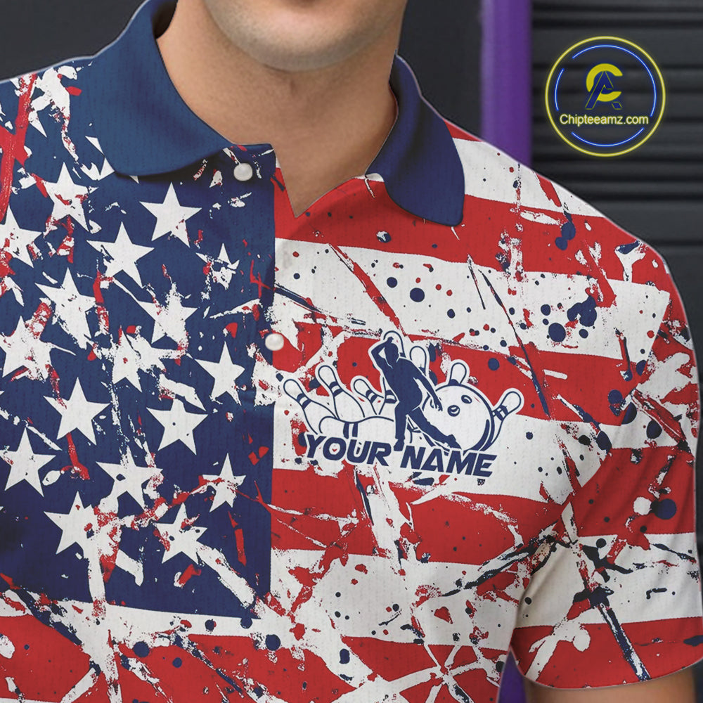 Custom Splatter Patriotic US Flag Bowling Polo Shirts For Men, American Bowling Jersey IPHW9257