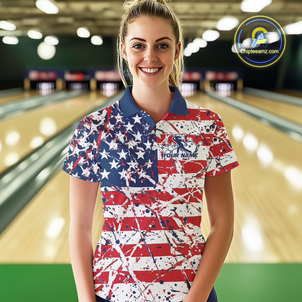 Custom Splatter Patriotic US Flag Bowling Polo Shirts For Women, American Bowling Jersey IPHW9257