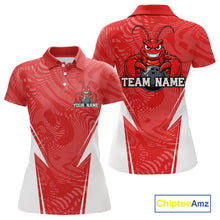Load image into Gallery viewer, Front and back views of a red custom women's bowling polo shirt featuring a funny aggressive crawfish holding a bowling ball in a sportswear-style design.