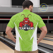 Load image into Gallery viewer, Back view of a male model in a bowling alley wearing a light green custom quarter-zip bowling shirt with a funny aggressive crawfish holding a bowling ball in a sportswear-style design.