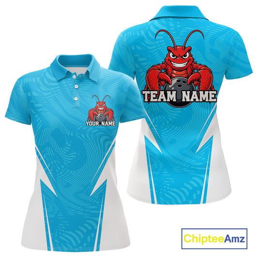 Front and back views of a blue custom women's bowling polo shirt featuring a funny aggressive crawfish holding a bowling ball in a sportswear-style design.