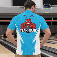 Load image into Gallery viewer, Back view of a male model in a bowling alley wearing a blue custom quarter-zip bowling shirt with a funny aggressive crawfish holding a bowling ball in a sportswear-style design.
