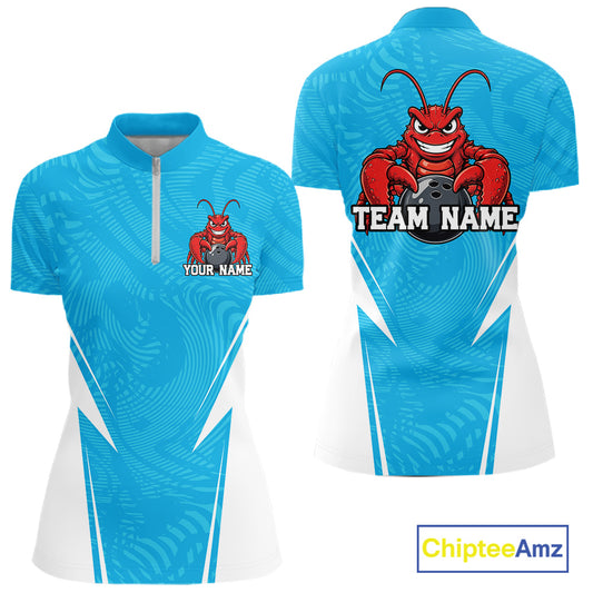 Front and back views of a blue custom women's quarter-zip bowling shirt featuring a funny aggressive crawfish holding a bowling ball in a sportswear-style design.