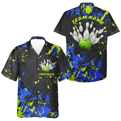 Custom Black, Blue And Green Bowling Kid Hawaiian Shirts, Team Jerseys Bowling Pin And Ball IPHW5183