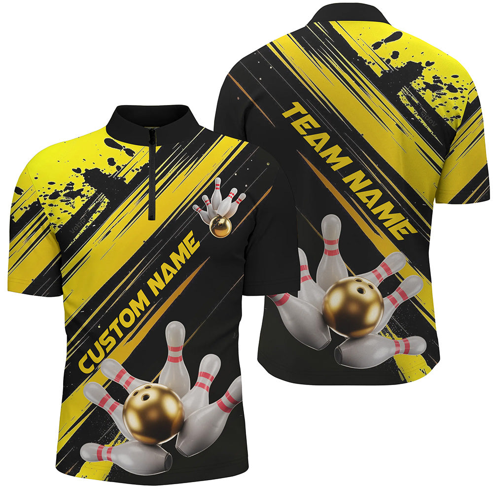 Black And Gold Custom Bowling Shirts For Men, Custom Bowling Uniforms Outfit Bowling IPHW7337