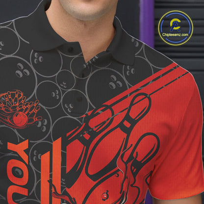 Custom Black And Red Orange Flame Bowling Polo Shirts For Men, Bowling Pattern Shirt IPHW9271