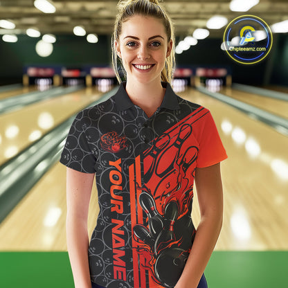 Custom Black And Red Orange Flame Bowling Polo Shirts For Women, Bowling Pattern Shirt IPHW9271