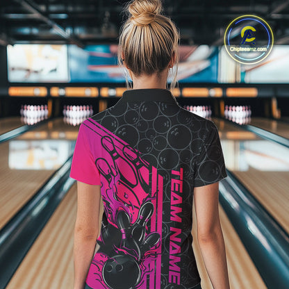 Custom Black And Pink Purple Flame Bowling Polo Shirts For Women, Bowling Pattern Shirt IPHW9272