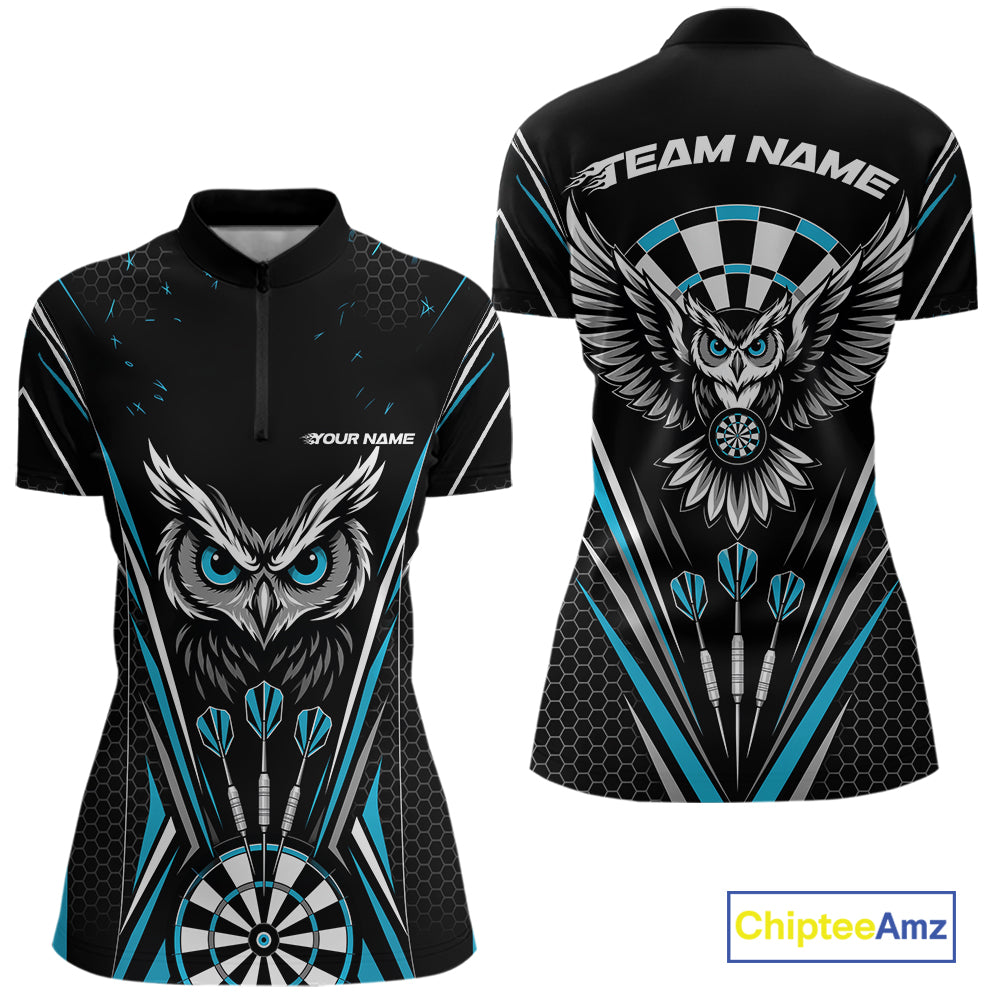 Custom Black And Blue Owl Darts Quarter-Zip Shirts For Women, Darts Team Jerseys IPHW11723