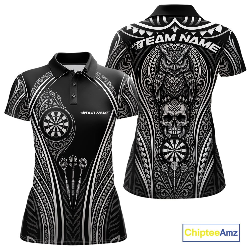 Custom Black And White Tribal Owl And Skull Darts Women Polo Shirt, Halloween Darts Outfit IPHW11728