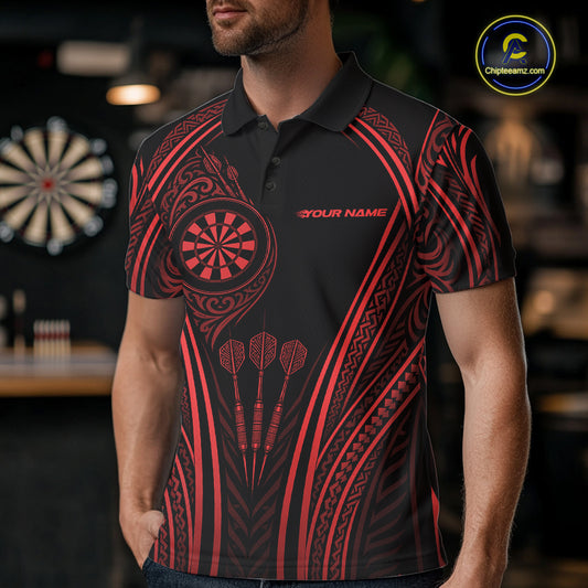 Custom Black And Red Tribal Owl And Skull Darts Men Polo Shirt, Halloween Darts Outfit IPHW11731