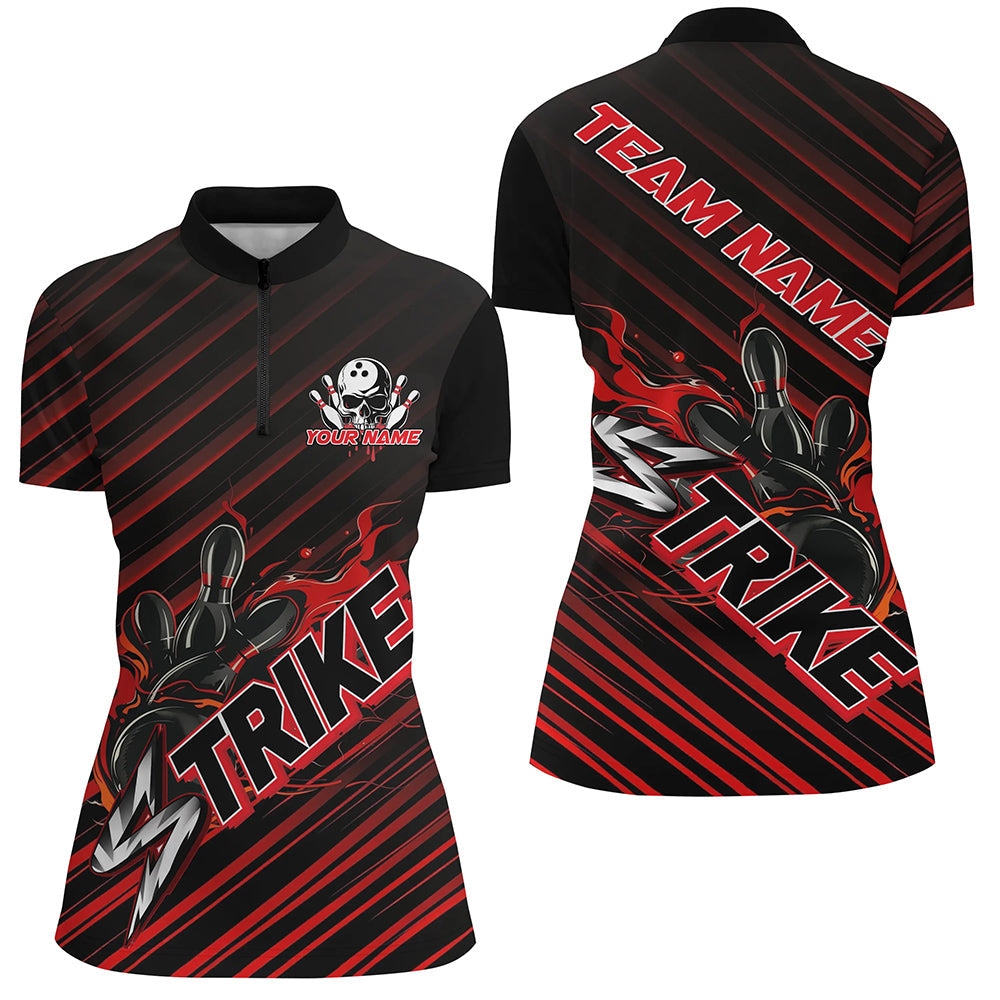 Custom Black And Red Flame Strike Bowling Shirts For Women, Bowling League Bowling Uniform IPHW7338