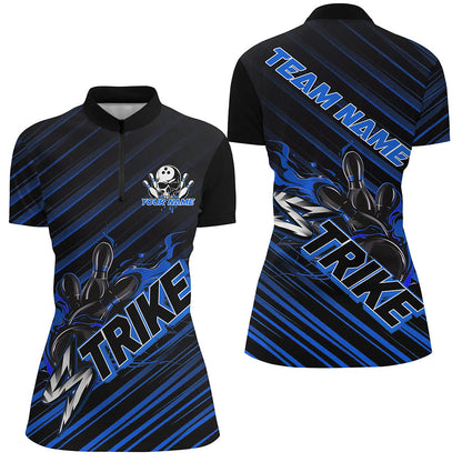 Custom Black And Blue Flame Strike Bowling Shirts For Women, Bowling League Bowling Uniform IPHW7339