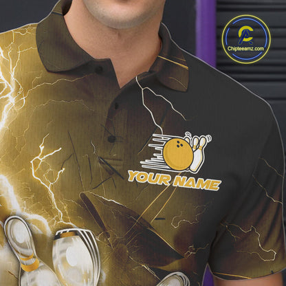 Custom Yellow Thunder Lightning Bowling Polo Shirts For Men, Bowling League Shirt IPHW9795