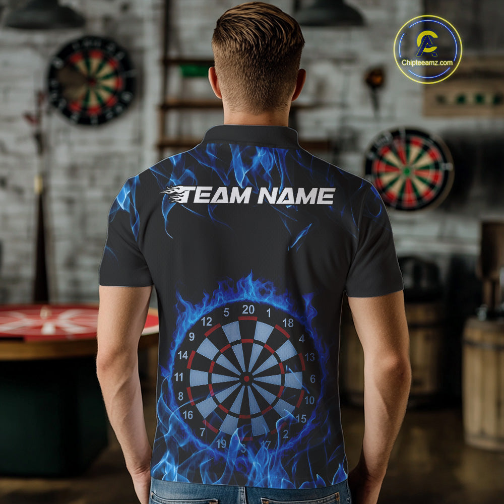 Custom Black And Blue Flame Dartboard Dart Polo Shirts For Men, Dart Players Outfits IPHW9962