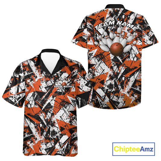 Custom Graffity Orange Camo Bowling Team Men And Women Hawaiian Shirts, Camouflage Bowling Jerseys IPHW10216