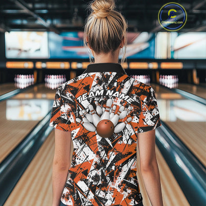 Custom Graffity Orange Camo Bowling Team Women Polo Shirts, Camouflage Bowling Jerseys IPHW10216