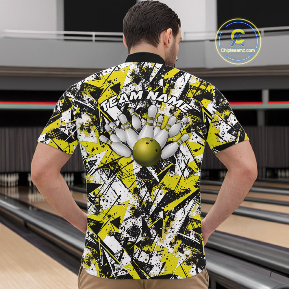Custom Graffity Yellow Camo Bowling Team Men Quarter-Zip Shirts, Camouflage Bowling Jerseys IPHW10217