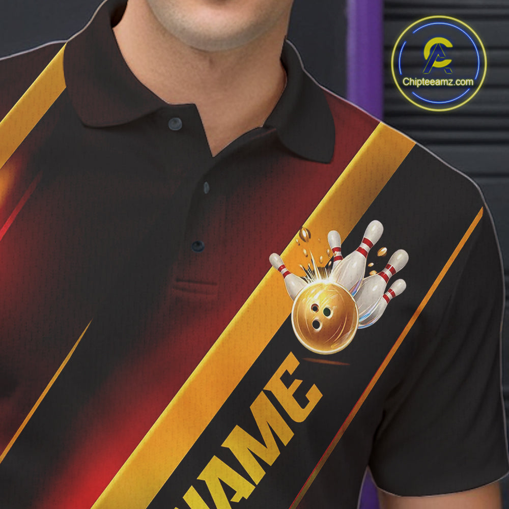 Custom Red And Gold Bowling Tournament Shirts For Men And Women With Name, Bowler Outfit IPHW10645