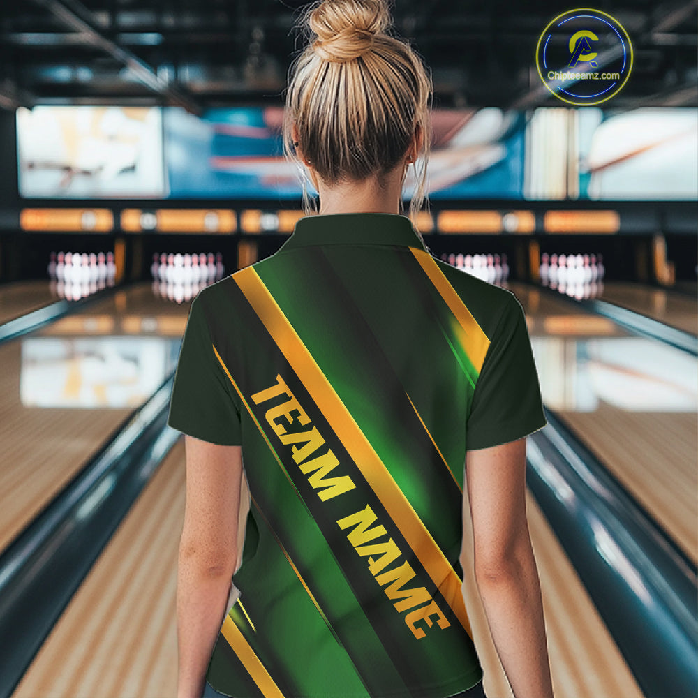 Custom Green And Gold Bowling Tournament Shirts For Women With Name, Bowler Outfit IPHW10647