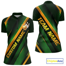 Load image into Gallery viewer, Custom Green And Gold Bowling Tournament Shirts For Women With Name, Bowler Outfit IPHW10647