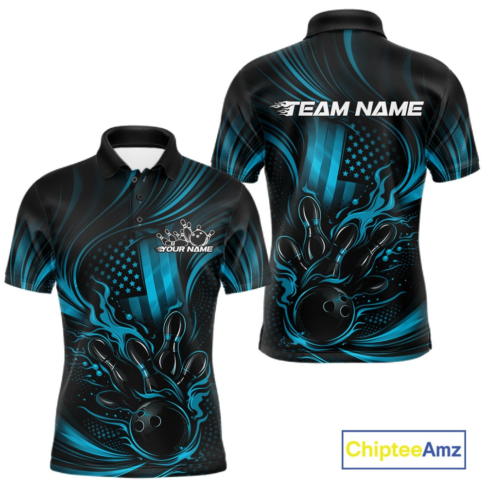 Front and back view of a black and turquoise blue men’s bowling polo shirt featuring patriotic flames and a bowling ball striking pins with distressed American flag design.