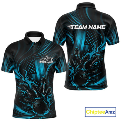 Front and back view of a black and turquoise blue men’s bowling polo shirt featuring patriotic flames and a bowling ball striking pins with distressed American flag design.