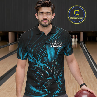 Male model at a bowling lane wearing a black and turquoise blue polo shirt with patriotic bowling strike graphics and flame accents.