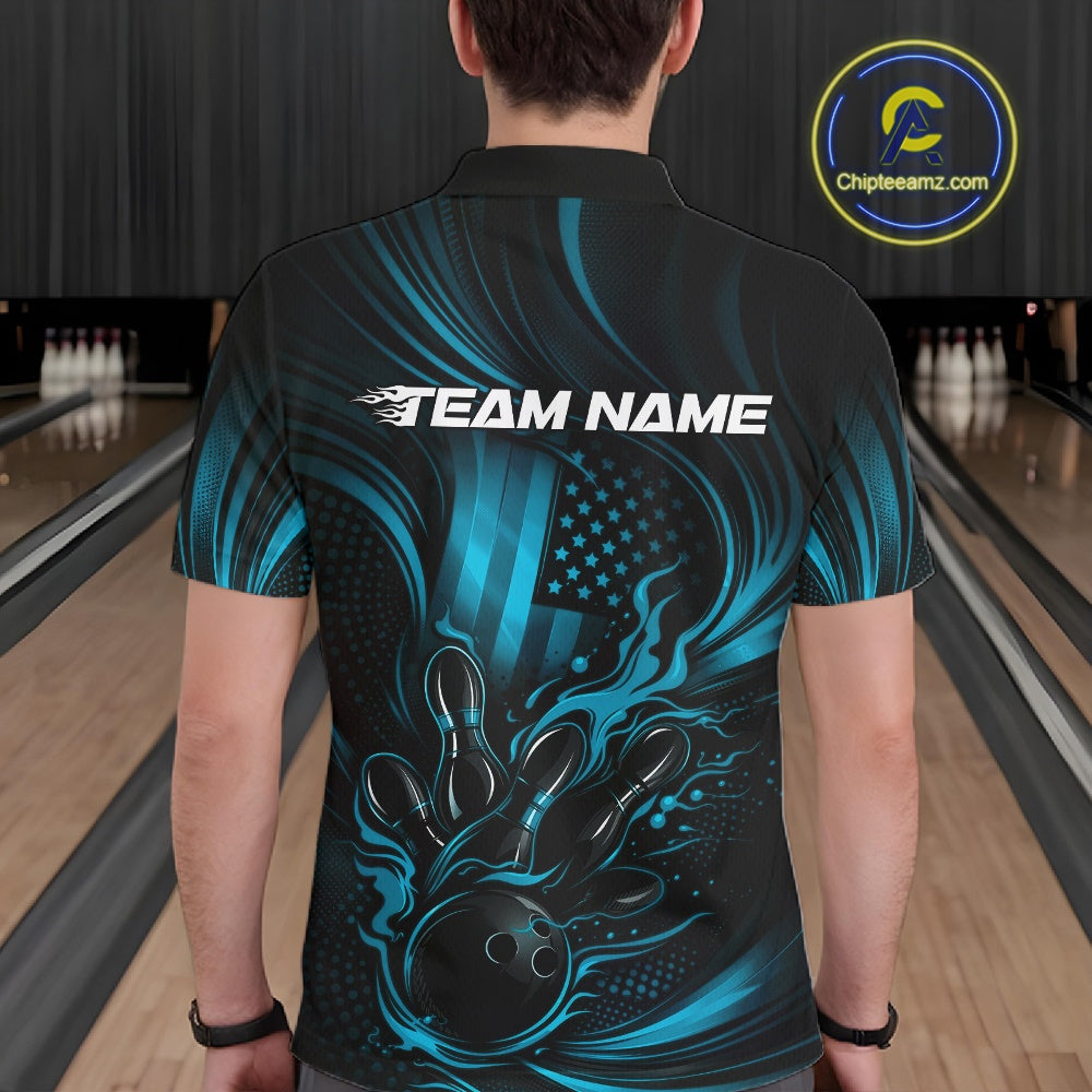 Back view of a male model in a bowling center wearing a black and turquoise blue polo featuring flaming bowling ball and pins artwork.