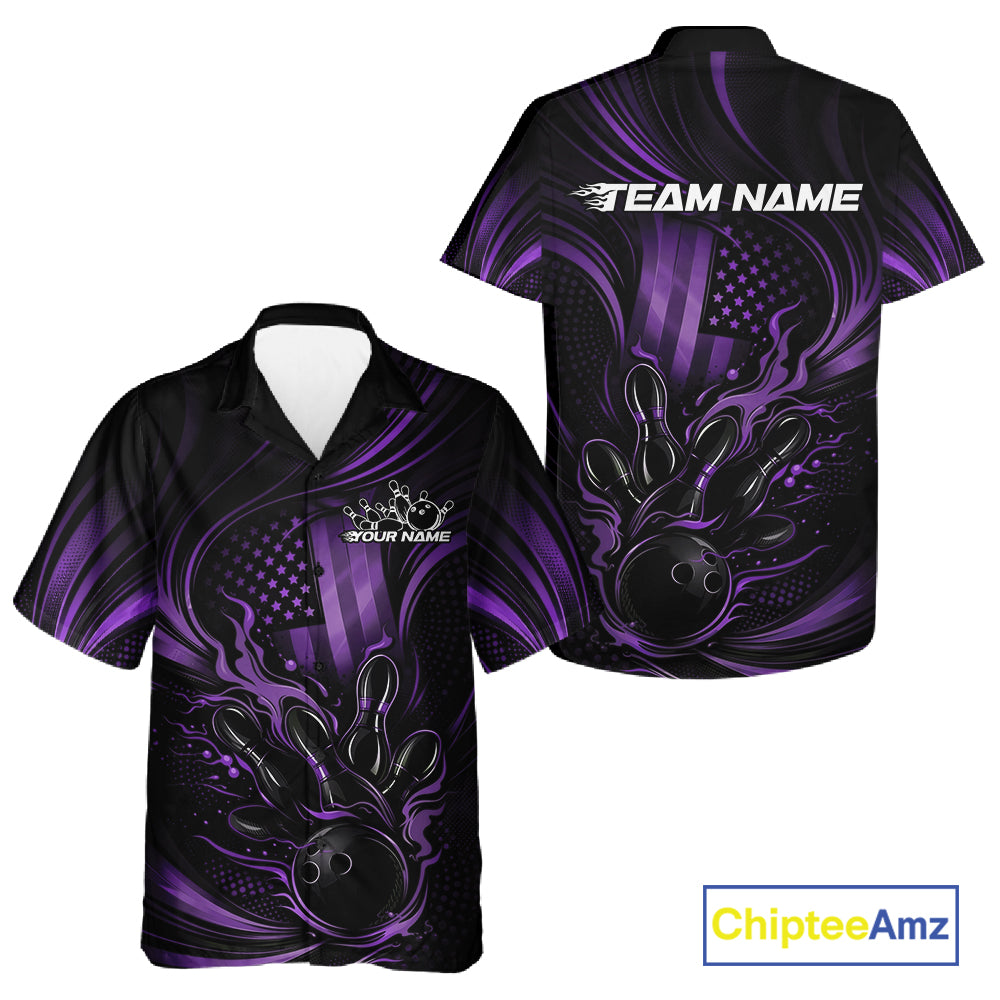 Front and back view of a black and purple button-up bowling shirt featuring patriotic flames and bowling strike artwork with American flag accents.