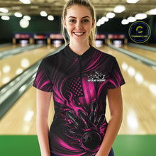 Load image into Gallery viewer, Custom Pink Patrotic Flame Bowling Women Quarter-Zip Shirt, US Flag Bowling Team Jersey IPHW11163