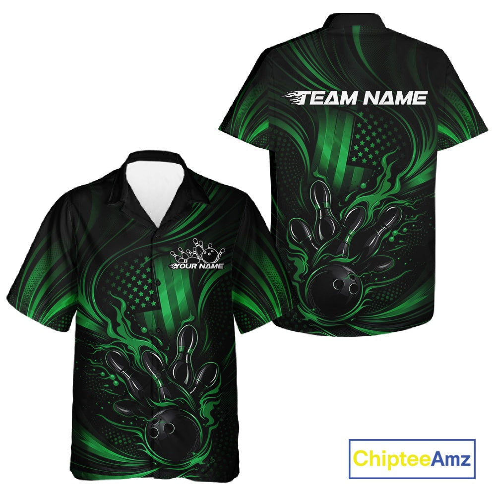 Front and back view of a black and green button-up bowling shirt featuring patriotic flames around a bowling ball striking pins with a distressed American flag theme.