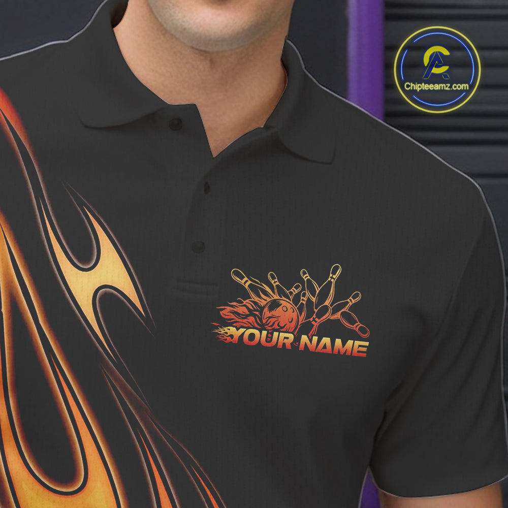 Custom Flame Bowling Team Polo Shirts For Men, Bowling Tournament Team Outfit IPHW9287